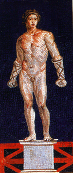 Mosaik mit Darstellung der farbig gefaßten Statue eines Faustkämpfers aus dem Vesuvgebiet

(Neapel, Museo Naizionale, Inv. 10010)