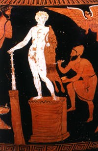 Vasenbild des 4. Jahrhunderts v. Chr.
Darstellung eines Malers bei der Arbeit an einer Statue
(New York, Metropolitan Museum, Inv. 50.11.4)