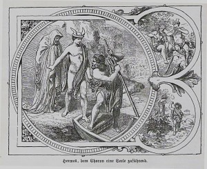 Hermes geleitet einen Verstorbenen an das Ufer des Styx